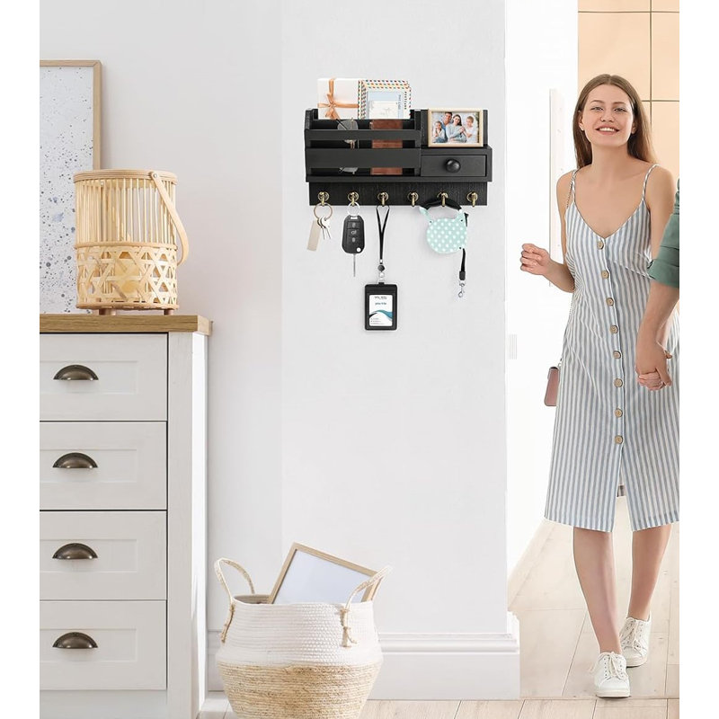 The Key Holder Wall Mount, Wooden Mail and Key Organizer with Drawer and Shelf, 2 Slots, 6 Hooks, Black