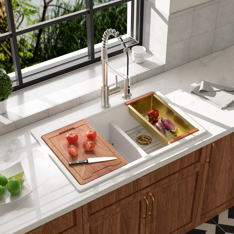 33" L x 22" W Double Bowl Rectangular Drop-In Workstation Quartz Kitchen Sink 60/40 Low-divider Granite Composite Sink, White