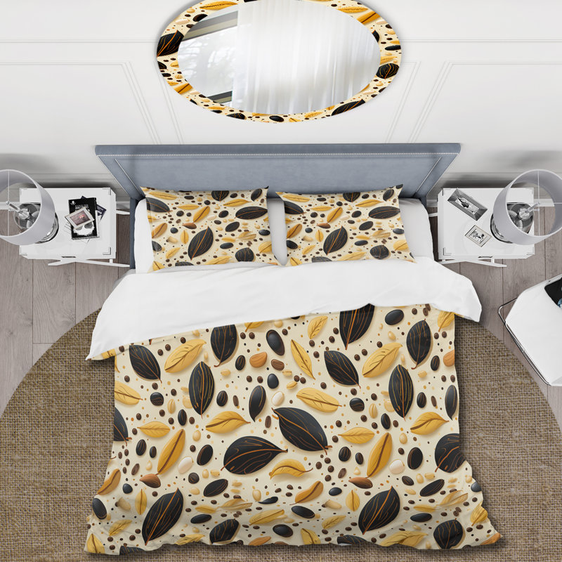 Ensemble de housse de couette motif botanique crème et café II, Housse de couette pour très grand lit et 2 très