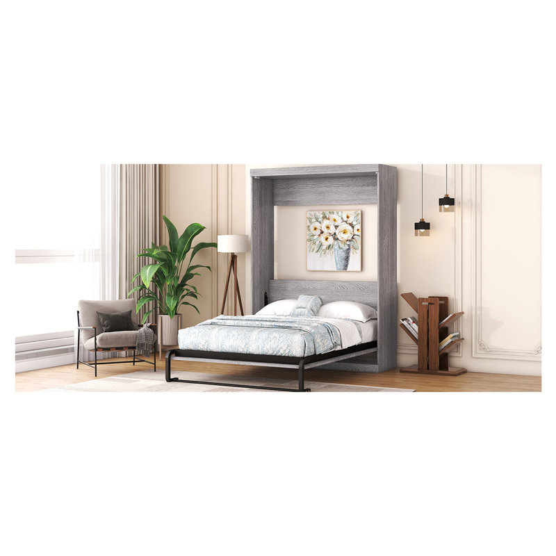 Lit double gris avec armoire pliable