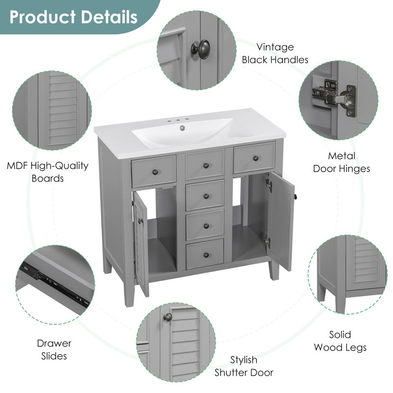 Pelaga 36" Bathroom Vanity With Ceramic Basin, Two Cabinets And Five Drawers, Solid Wood Frame