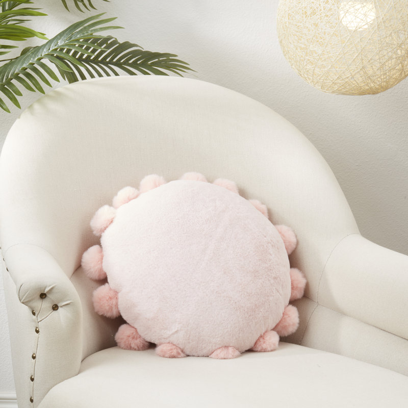 Pink Round Faux Fur Pom Pom Throw Pillow