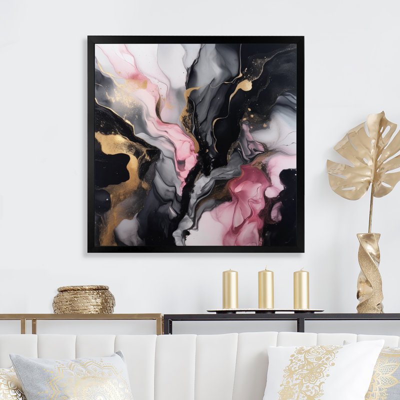 Art abstrait sur toile marbrée abstraite, impression fluide or noir - Marbre noir or Splash II, H 30 po x l 30 po x P 1 po