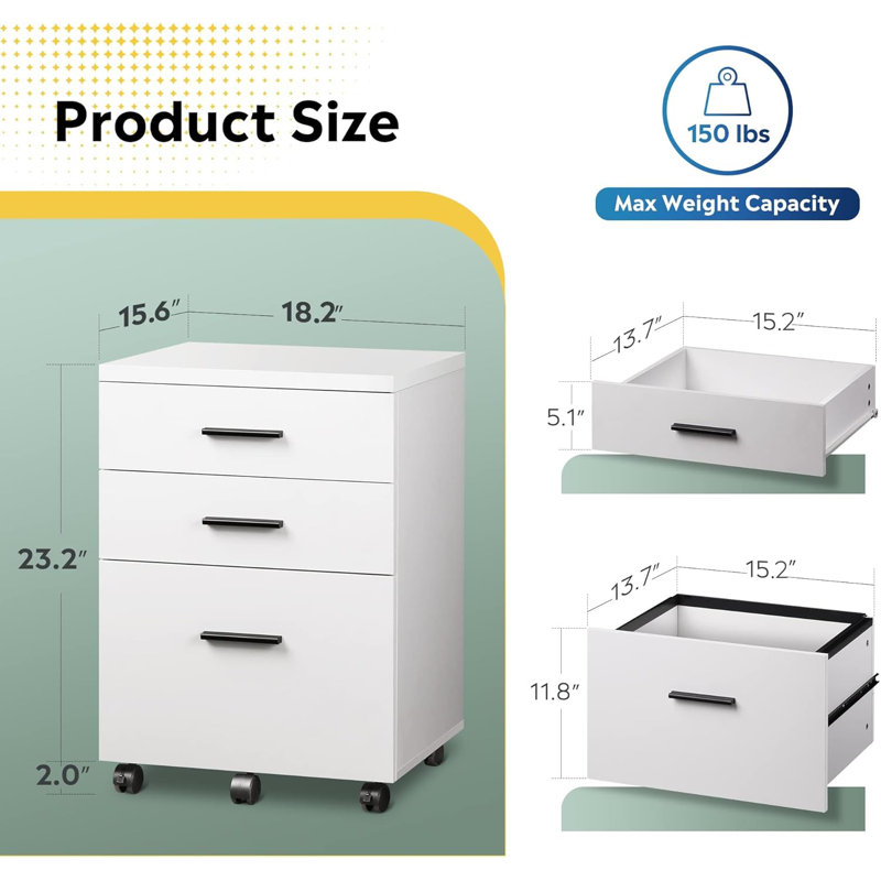 White Wood 3-Drawer Rolling Filing Cabinet with Wheels