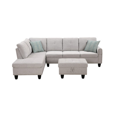 Canapé modulaire en similicuir en forme de L avec rangement assorti, 3 pièces pour quatre personnes, parfaites pour le divertissement, porte-gobelets rabattables au centre, deux coussins décoratifs inclus, arrondi, design,