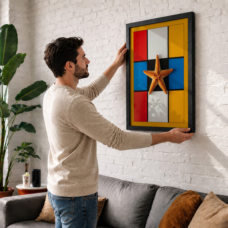 Starfish on Grid Geometric - Framed Print, Black, A4 - 29.7 x 21.0 cm