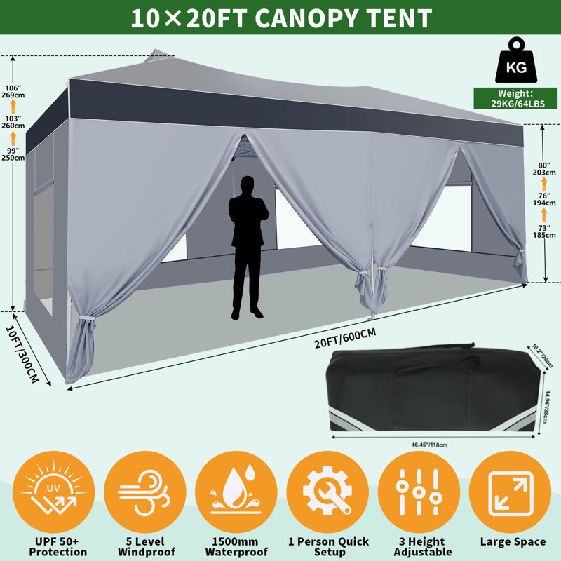 Auvent 10 x 20 à une pression, fenêtres en filet et conception d'aération, tente imperméable avec parois latérales pour les mariages et sacs de sable