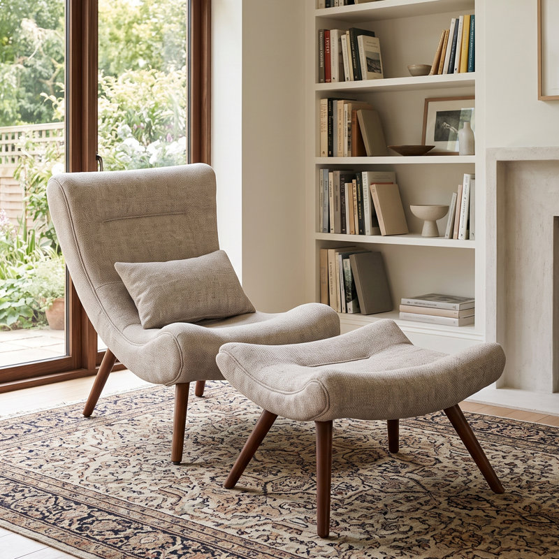Jelks Accent Chair with Footstool, Light Beige Chenille