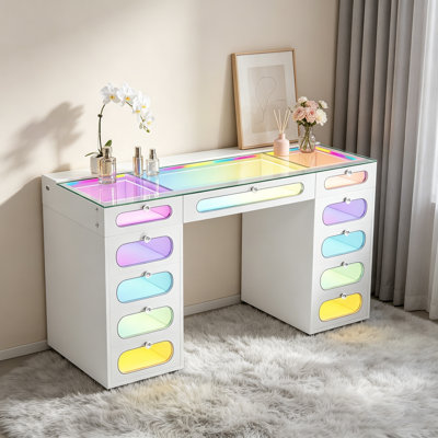 Pre‑Assembled Large 59" Makeup Vanity HD Glass Top Built-in LED Light Strips Large 11 Drawers Diamond Handles USB and Type-C