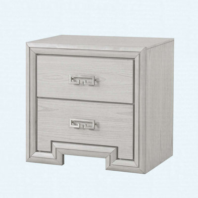 Transitional Nightstand With USB Port, 2-Drawer Bedside Table With Metal Handles, Rustic White Finish