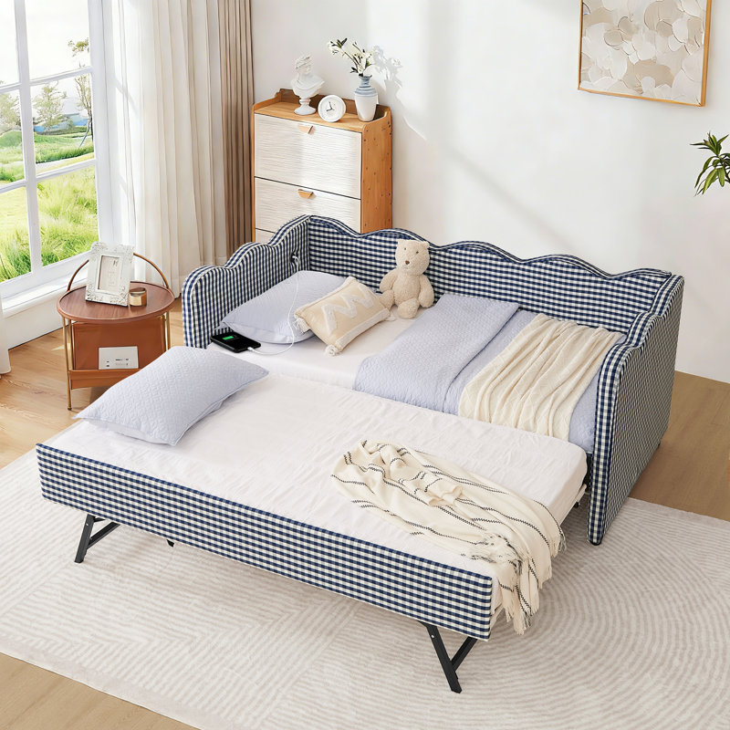 Twin to King Daybed with Trundle,Linen Upholstered Daybed with Pop Up Trundle Bed with USB Port,Modern Extendable Twin Day Bed Frame for Girls Bedroom Living Room Guest Room,No Box Spring Required