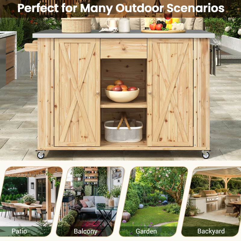 Outdoor Kitchen Island - Fir Wood Build, Stainless Steel Countertop, Versatile Storage Options, Towel & Spice , Built-In Bottle Opener, Easy To Move With Lockable Wheels Quality Wood, Surface, Ample