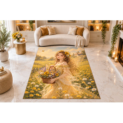 Tapis « Ultra Fin » 152 x 213 cm (5 pi x 7 pi) à motif de fées tournesols dans une prairie champêtre, idéal pour la chambre, le salon et le bureau à domicile. Tapis doux à poils courts avec envers antidérapant en silicone.