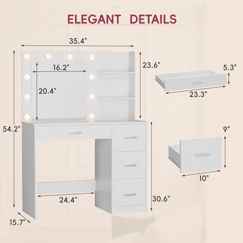 Makeup Vanity Desk with Power Outlet & Hair Dryer Holder, White