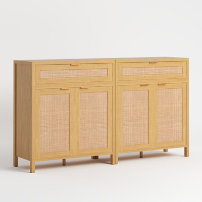 Natural 60'' W Oak Rattan Sideboard Buffet Cabinet with 2 Drawers, Adjustable Shelves (Set Of 2)