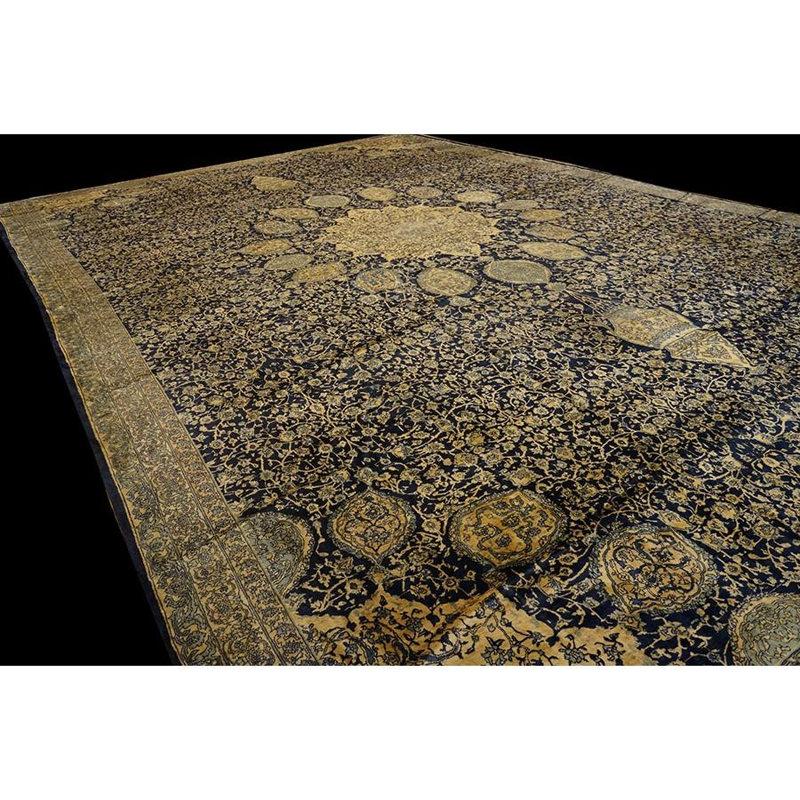 1920s Traditional Dark Blue Field Medallion Antique Indian Lahore Gallery Carpet
