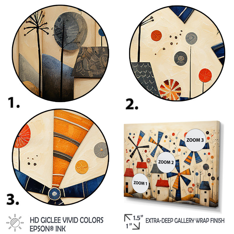 Folk Art Wind Turbines Village IV - Wind Turbines Wall Art, Cadre d'angle fermé noir, H 34 po x l 44 po x P 1,5 po