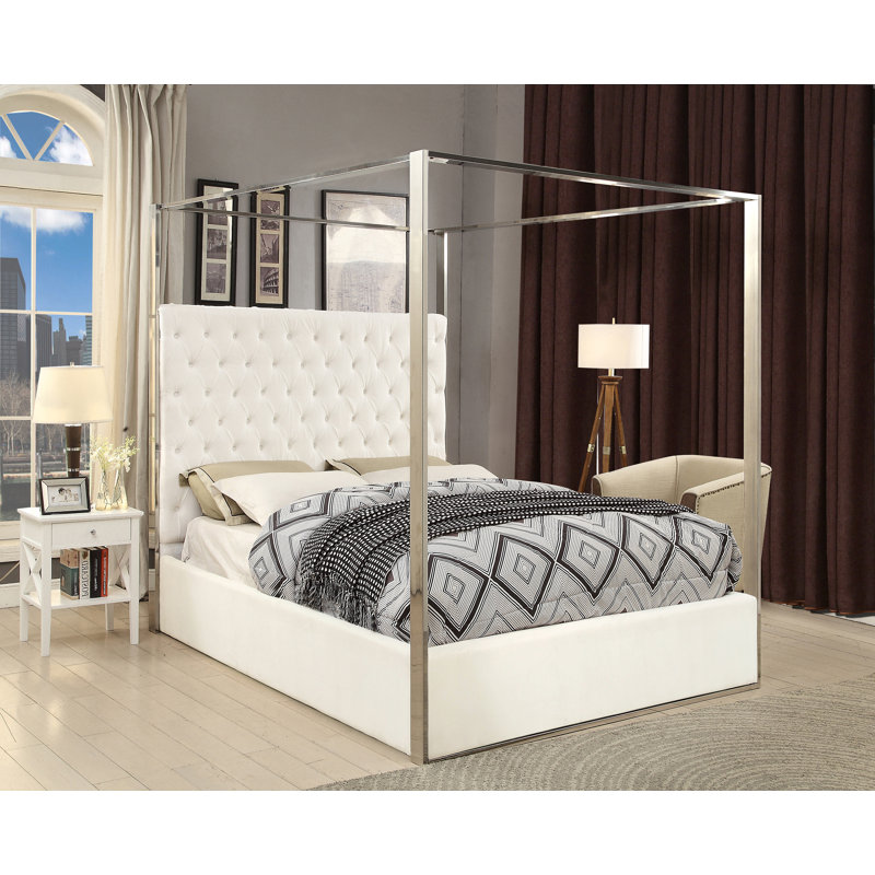 Porter Tufted Upholstered Canopy Bed, King, White Velvet