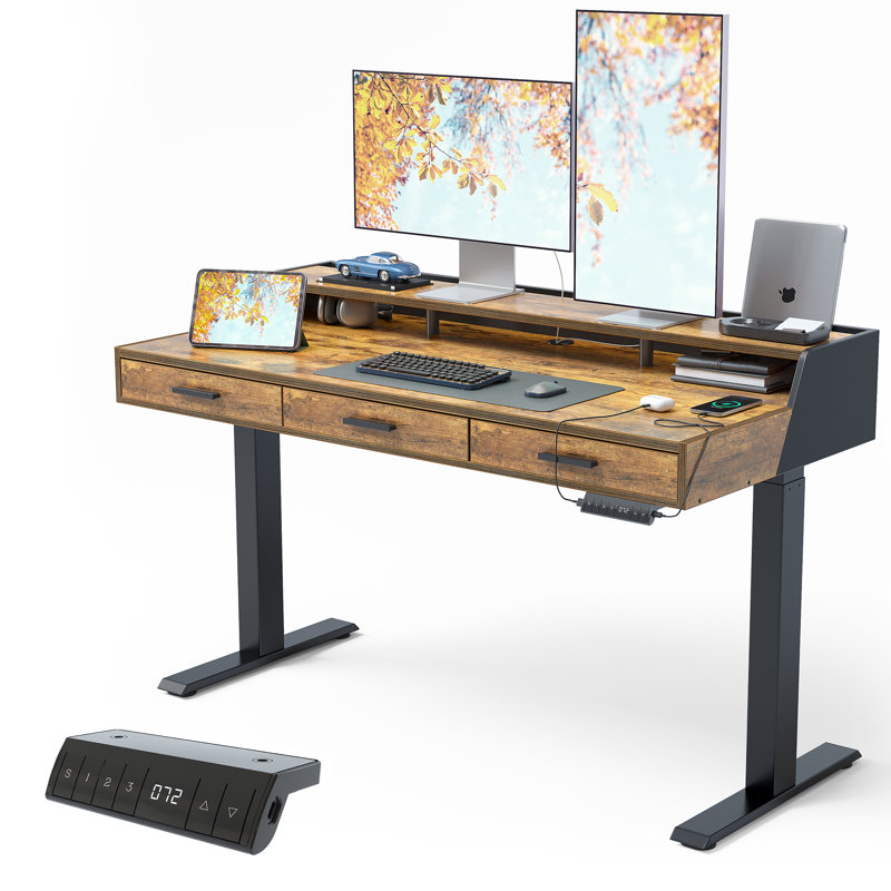 Bureau debout électrique 55 "avec tiroirs, Brun / Noir, L 55 po x P 26 po