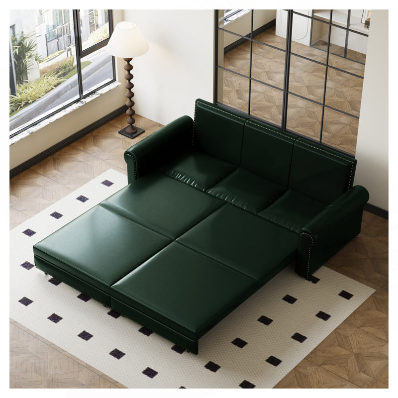 Faux Leather Convertible Sleeper Sofa with Nailhead Trim & Rolled Arm,Pull Out Sofa Bed, Green