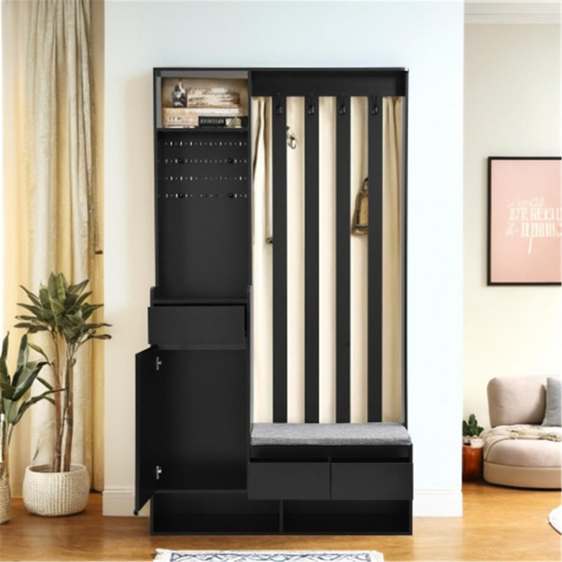 Versatile Hall Tree with Cushioned Bench and Multiple Storage Options, Black