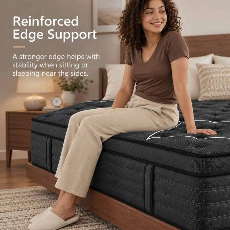 Matelas hybride extra ferme de 35,5 cm (14 po) livré dans une boîte, avec ressorts ensachés individuellement, isolation des mouvements, soutien des bords et soulagement des points de pression, noir mat