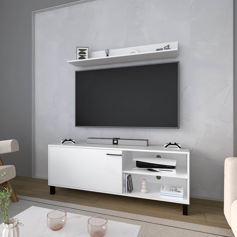 Meuble télé blanc avec rangement ouvert en mélamine