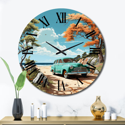 Vintage Oldtimer Classic Turquoise Car Beachside I Metal Wall Clock