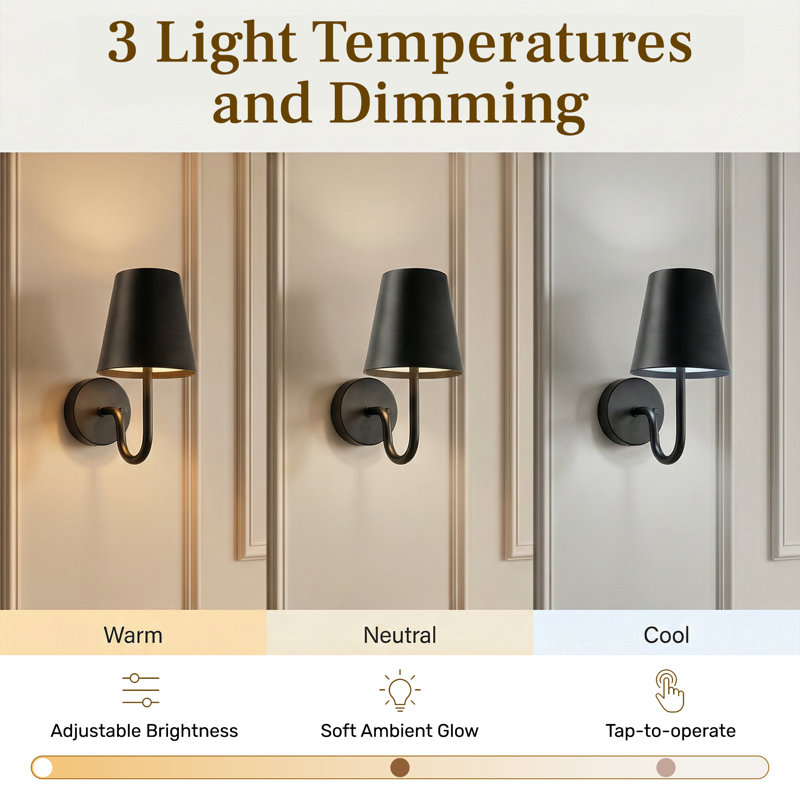 Bell + Howell Rechargeable Wall Light Sconce with Metal Shade and Dimmable - Black, Black