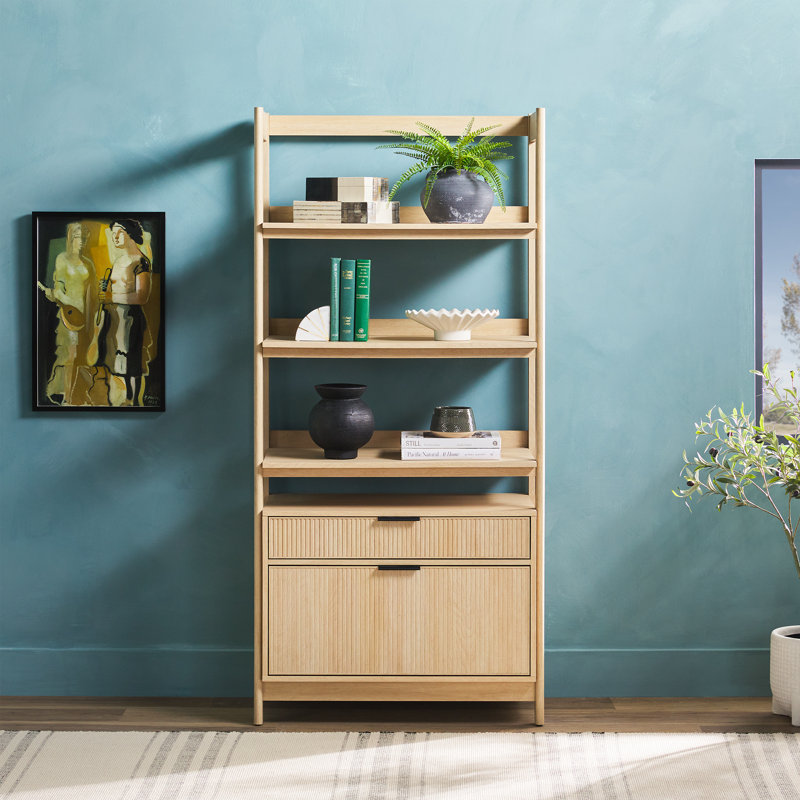 Jorah 70" H x 33" W Reeded Bookcase with Lower 2-Drawer Storage, Coastal Oak