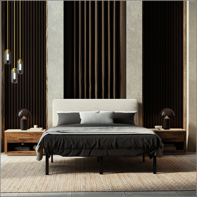 Grand lit plateforme moderne noir avec structure en acier durable et assemblage facile, parfait pour les chambres contemporaines.