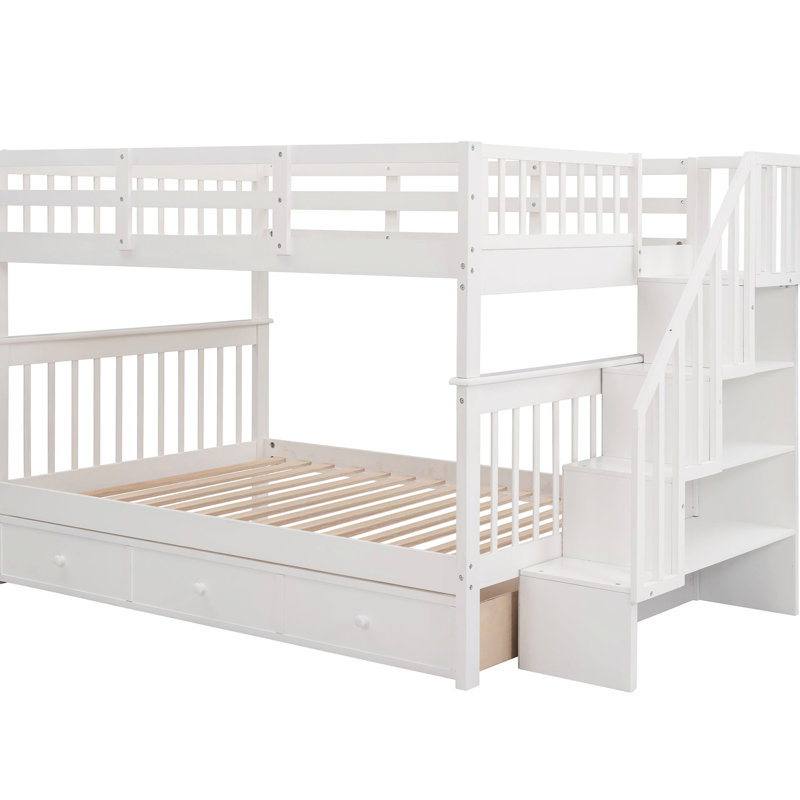 Stairway Bunk Bed For Bedroom, White, Drawer, Storage, Guard Rail, Safe And Comfortable Design Bedroom Use Bed: White , High - Quality Construction Long Term