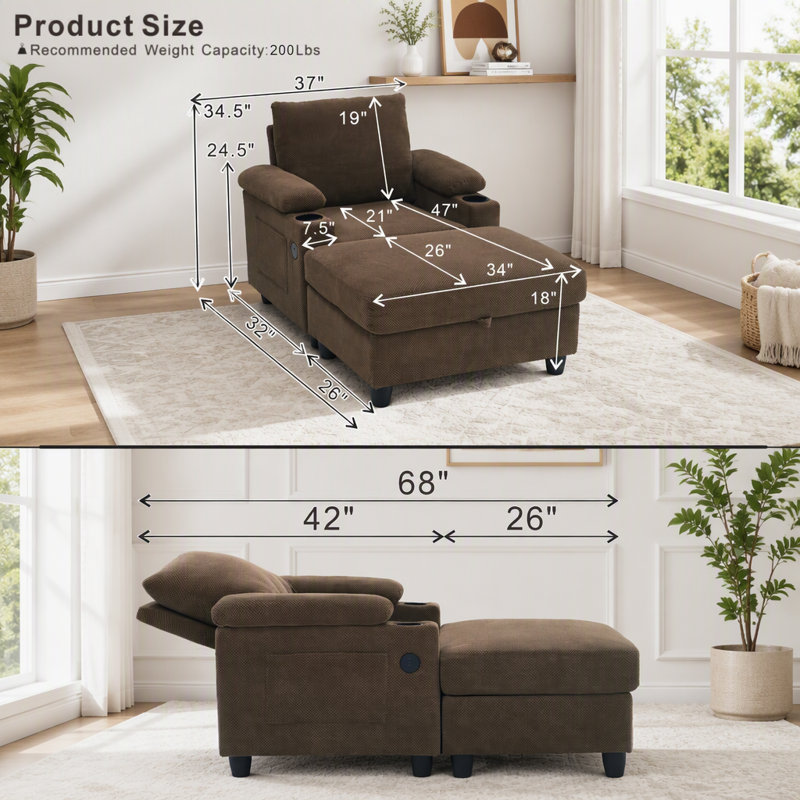 Fauteuil convertible avec repose-pieds, dossier inclinable, porte-gobelets et charge USB, Tissu café