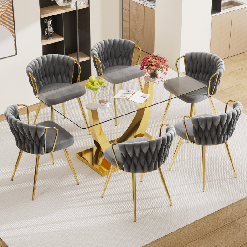 Ensemble de tables de salle à manger Elegant, Clair, 7 pièces : table, 6 chaises, Gris