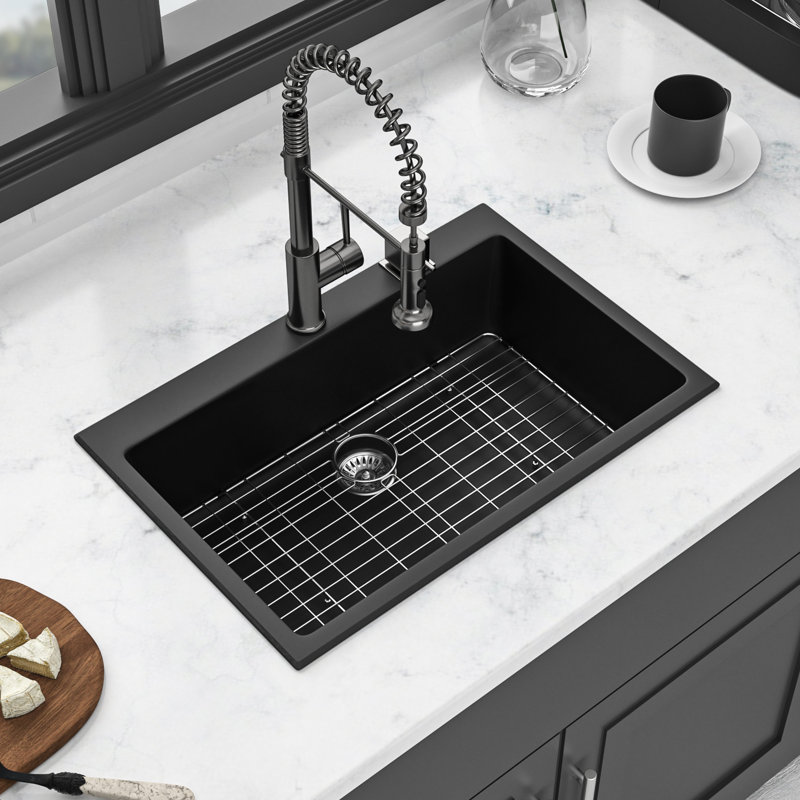 Black Granite-Like Quartz Kitchen Sink 33X22", Hygienic And 33X22" Composite Sink, Granite Feel, Strong Silent