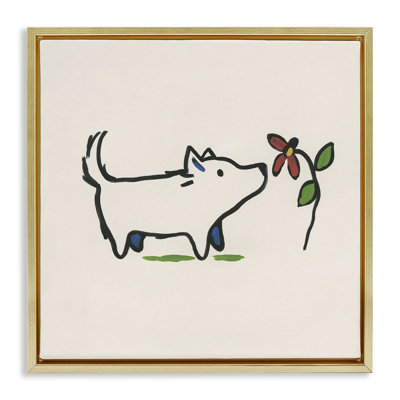 Doodle Dog & Flower  Framed Floater Canvas Wall Art by June Erica Vess
