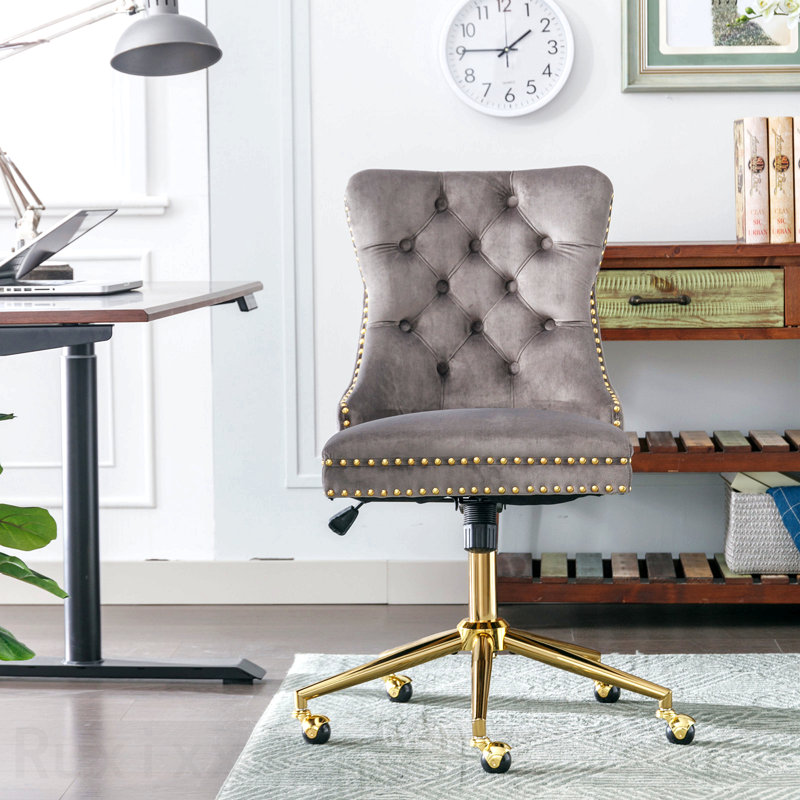 Gray Office Chair, Velvet Upholstered Tufted Button Home Office Chair, With Golden Metal Base, Adjustable Desk Chair Swivel Office Chair