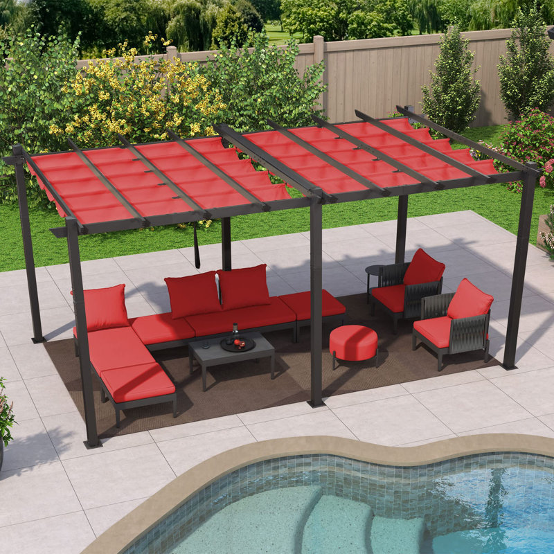 Aluminum Pergola with Canopy, Red, 18 ft. W X 10 ft. D