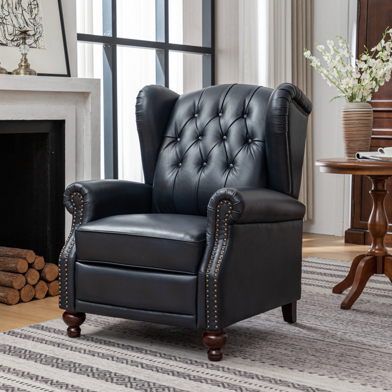 Almantas 31" Wide Genuine Leather Wing Chair Recliner, Navy Genuine Leather