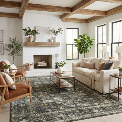 Vintage Floral Area Rug, Machine Washable Non-Slip Low Pile Rug for Living Room, Bedroom, Dining Room