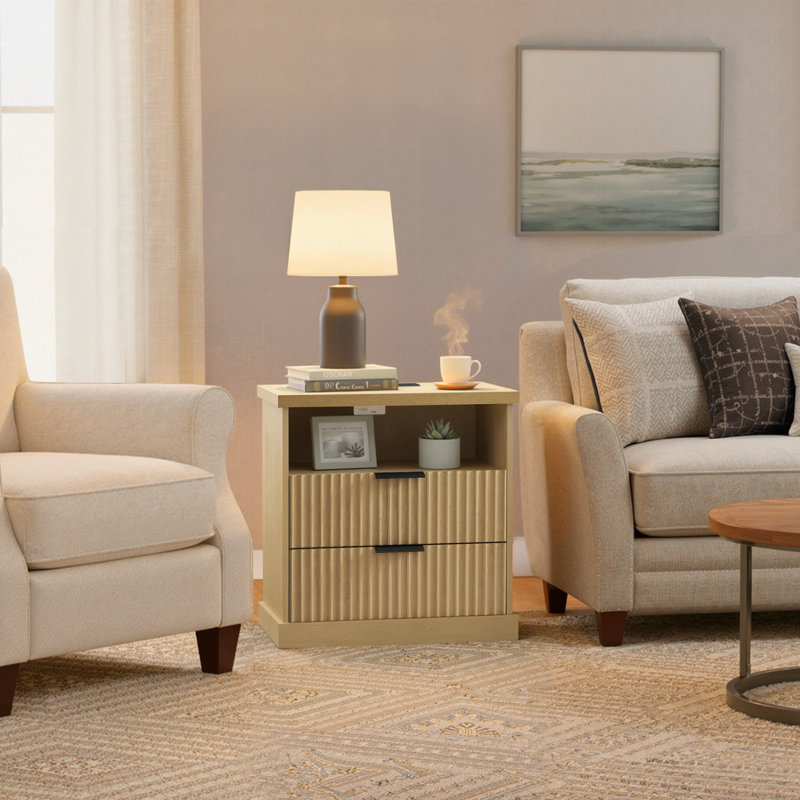 Table de chevet avec station de charge 23,6 po Maxe, table de chevet avec 2 tiroirs, tablette ouverte, transitionnel, Beige