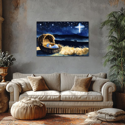 Large Nativity Scene Canvas Wall Art, Birth of Jesus Blue Night Canvas Prints, Mary Joseph in Manger Poster Painting, Christian Spiritual Picture, Framed Religion Artwork, Ready to Hang Home Church Decor, 20×30 Inches