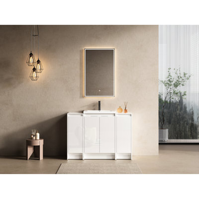 Meuble-lavabo autoportant de 48 po avec lavabo en résine, 2 rangements, portes à fermeture douce, contreplaqué blanc brillant, tablettes avec plan de configuration, charnières de porte, solution