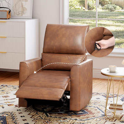 Fauteuil inclinable et pivotant à 360 °, Fauteuil oscillant oscillant, Fauteuil inclinable rembourré en similicuir, Fauteuil inclinable manuel avec support lombaire, Fauteuil inclinable berçant pour chambre à coucher, Brun