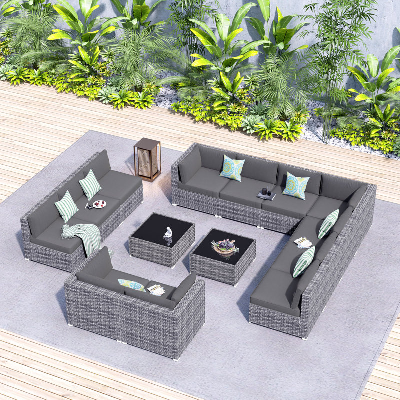 Ensemble de patio modulaire en osier toutes saisons pour 12 personnes avec coussins, Gris foncé