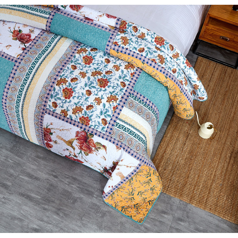  Ensemble de courtepointe réversible standard en coton 3 pièces, Courtepointe double et 2 taies décoratives