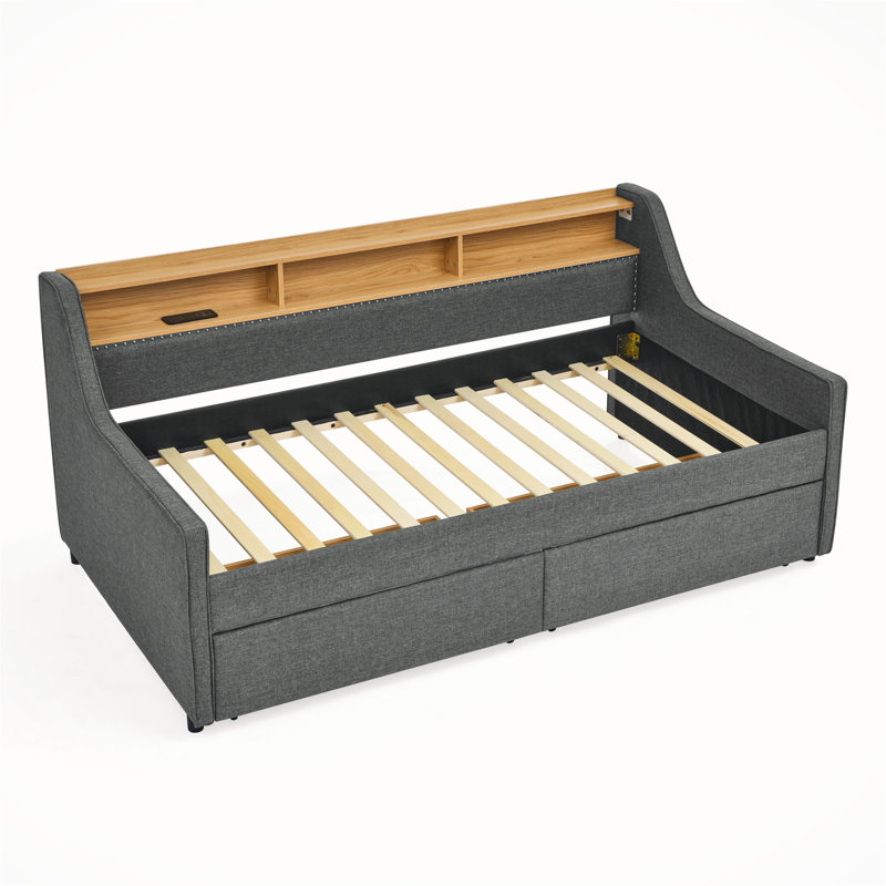 Versatile Linen Padded Sofa Bed with Multiple Storage Options and Wireless Charging, Grey