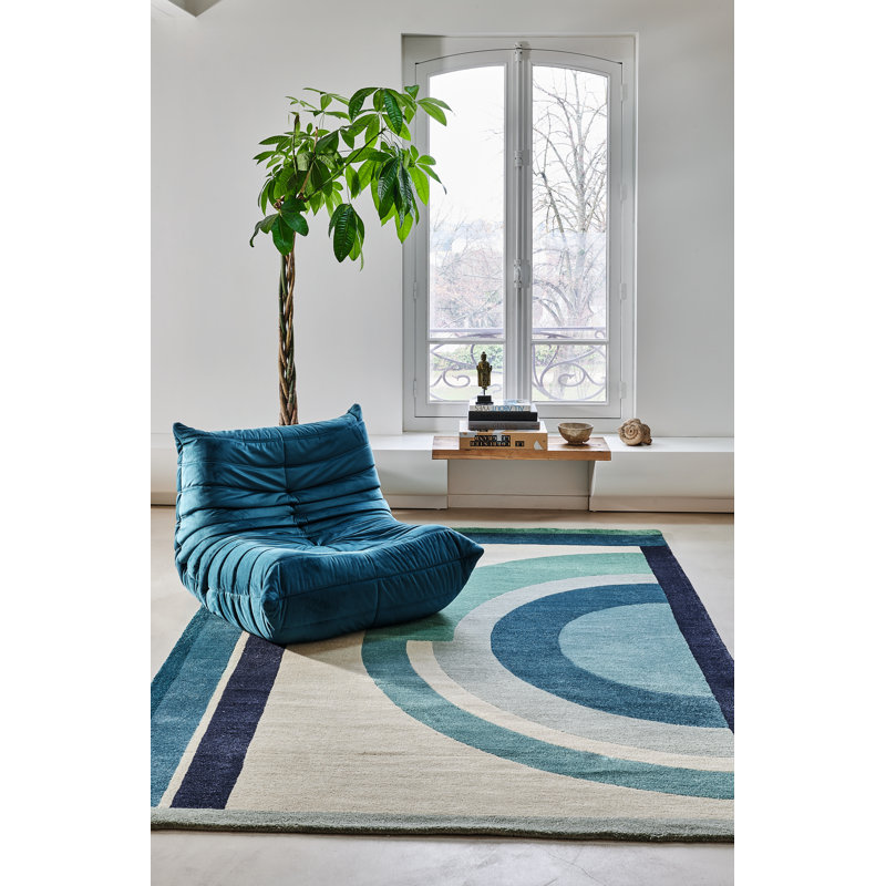 Josep Hand Tufted Geometric Area Rug in Blue/Ivory, Rectangle 6'7" x 9'10"