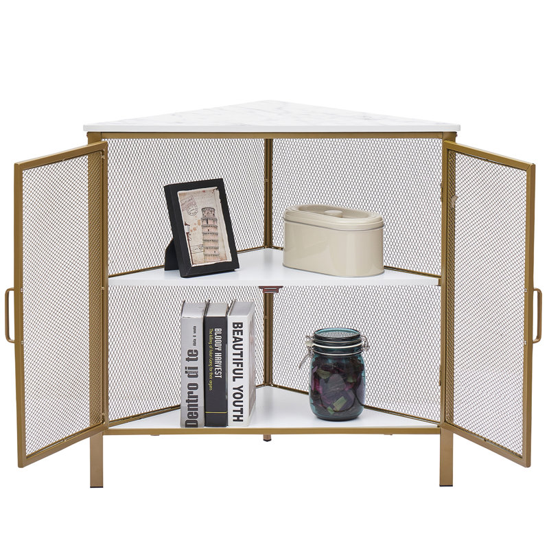 Kempst Corner End Table Shelf, 3-Tier Display Shelves with Protection Door, Metal Frame Storage Cabinet Org, Gold/Marble