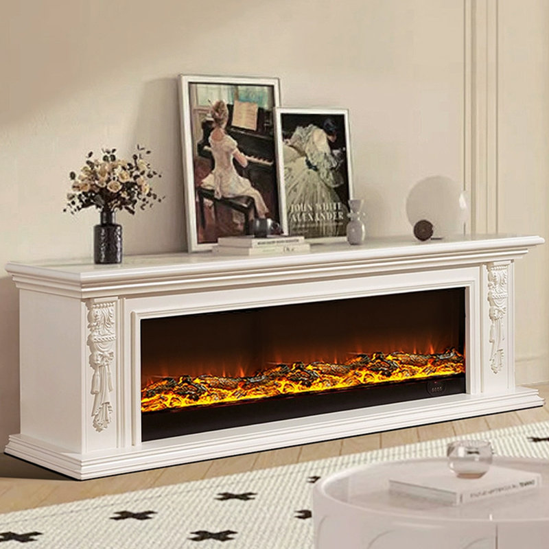 White Solid + Manufactured Wood Freestanding TV Cabinet Fireplace, White Solid